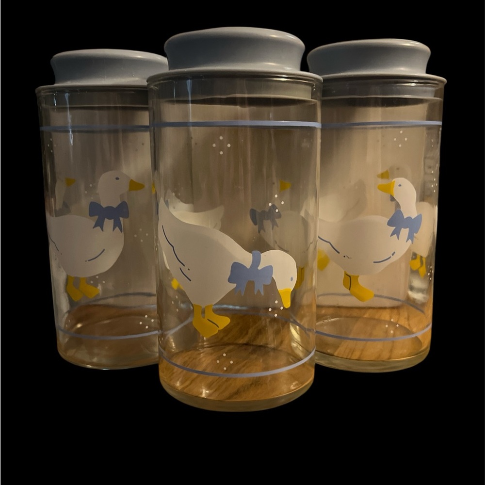 Goose Glass 3 Canister Set Blue Lids Libby vintage 80’s blue bow country geese